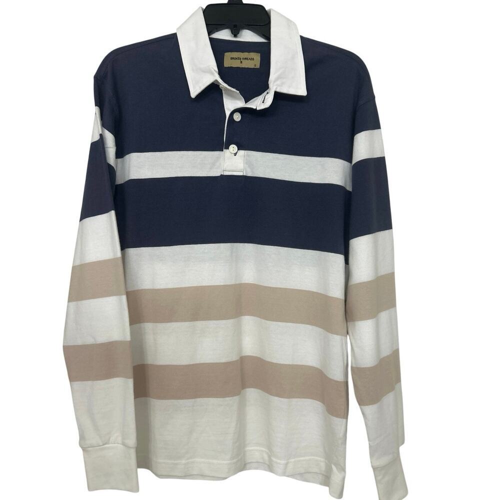 Rugby Stripe Polo Shirt Long Sleeve Preppy Navy Cream Tan Cotton NWT Small